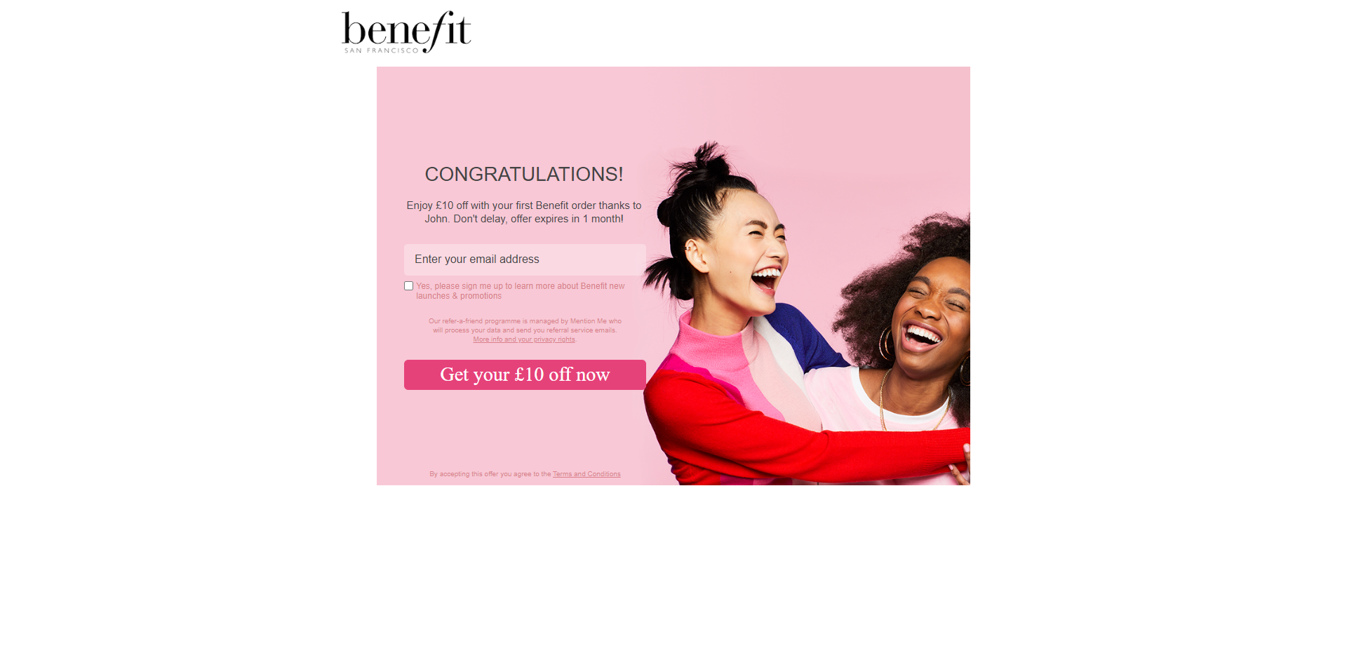 Referral Landing Page for Benefit Cosmetics
