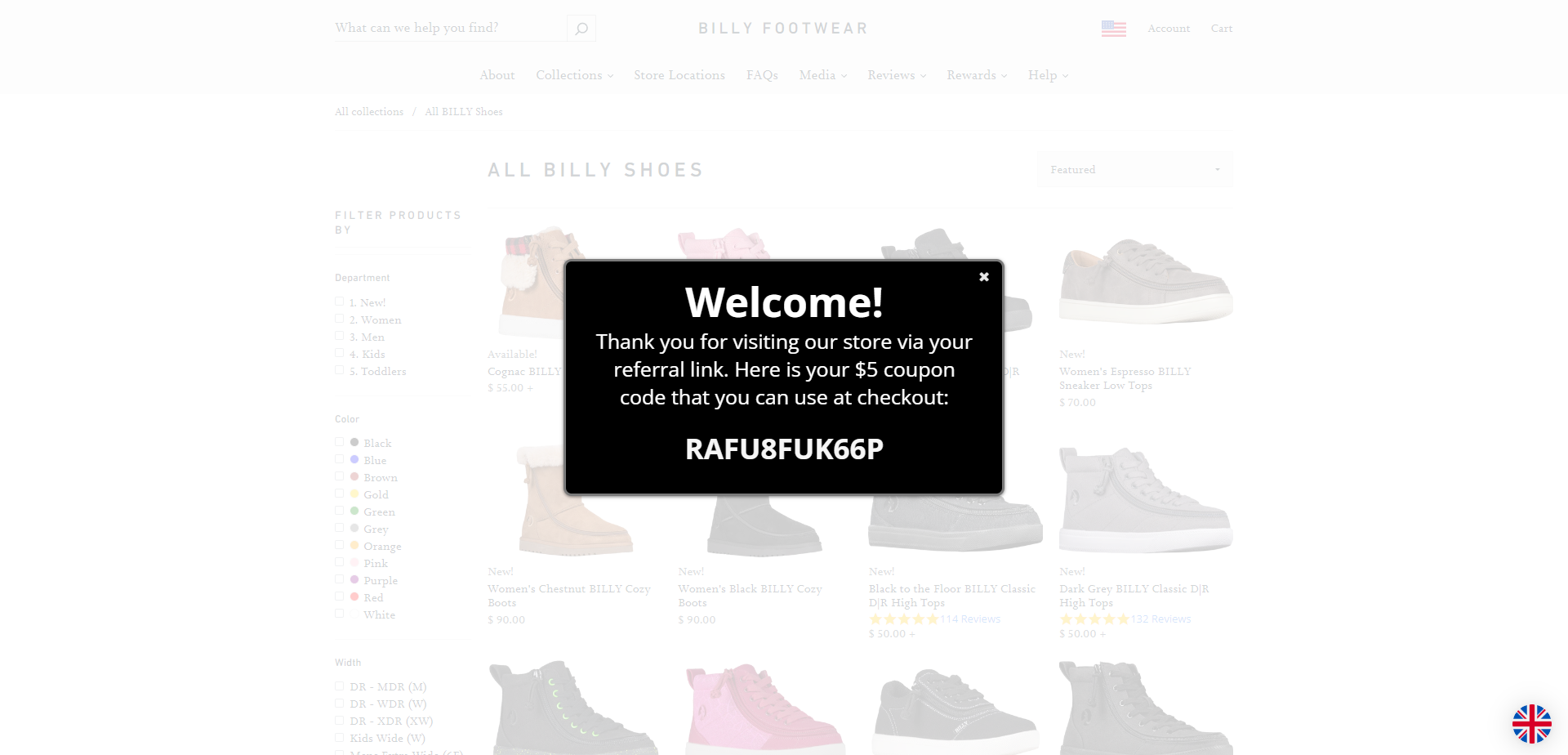 Landing Page for Billy Footwear