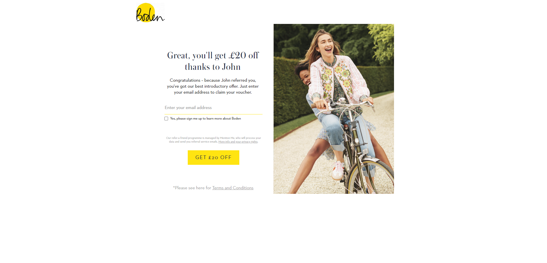 Referral Landing Page for Boden
