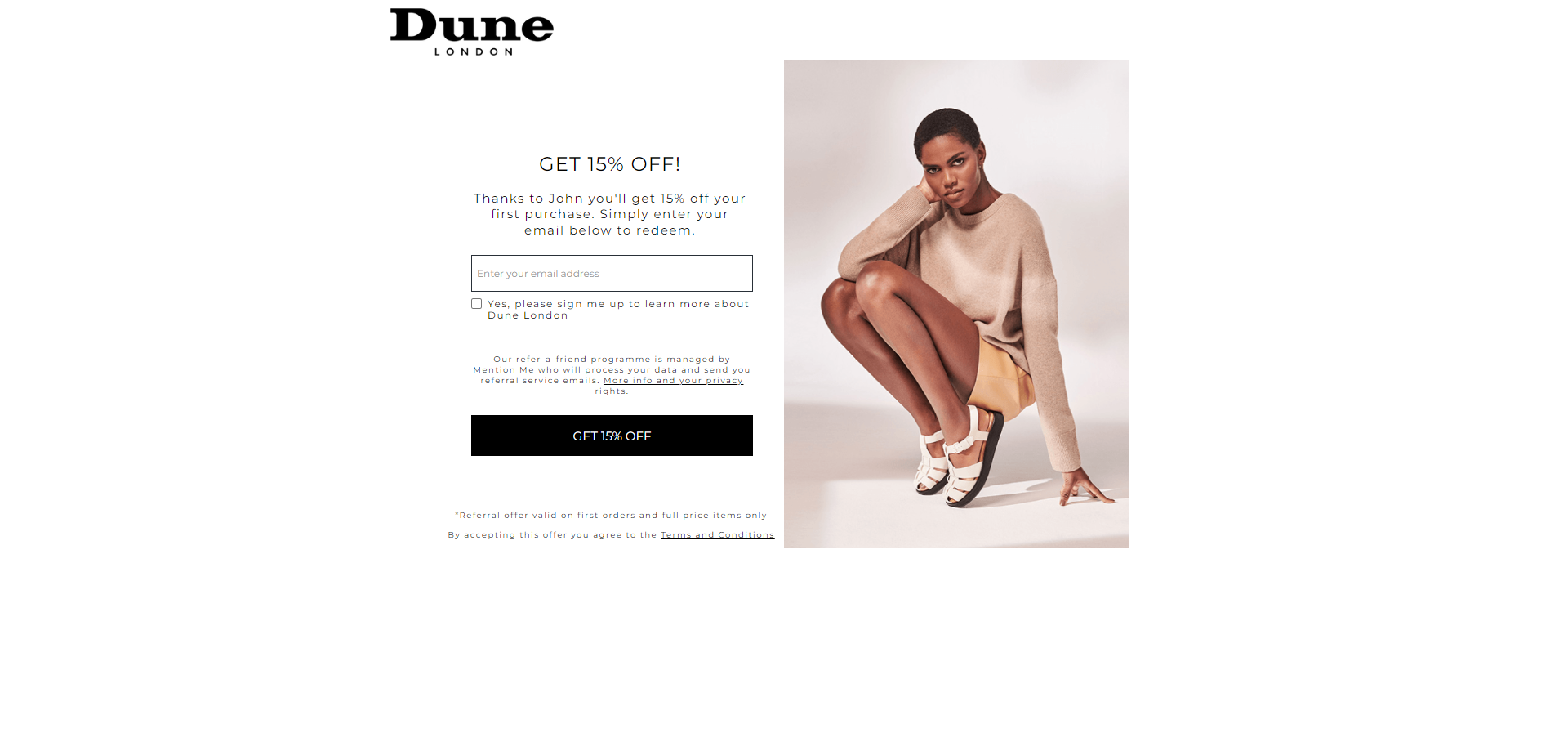 Referral Landing Page for Dune London