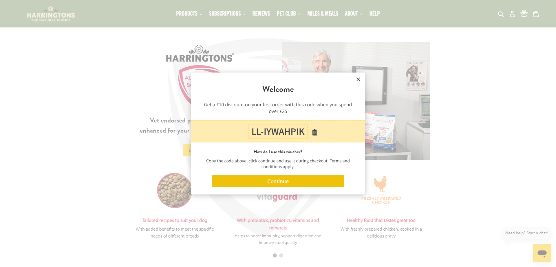 Referral Landing Page for Harrington Pet Food