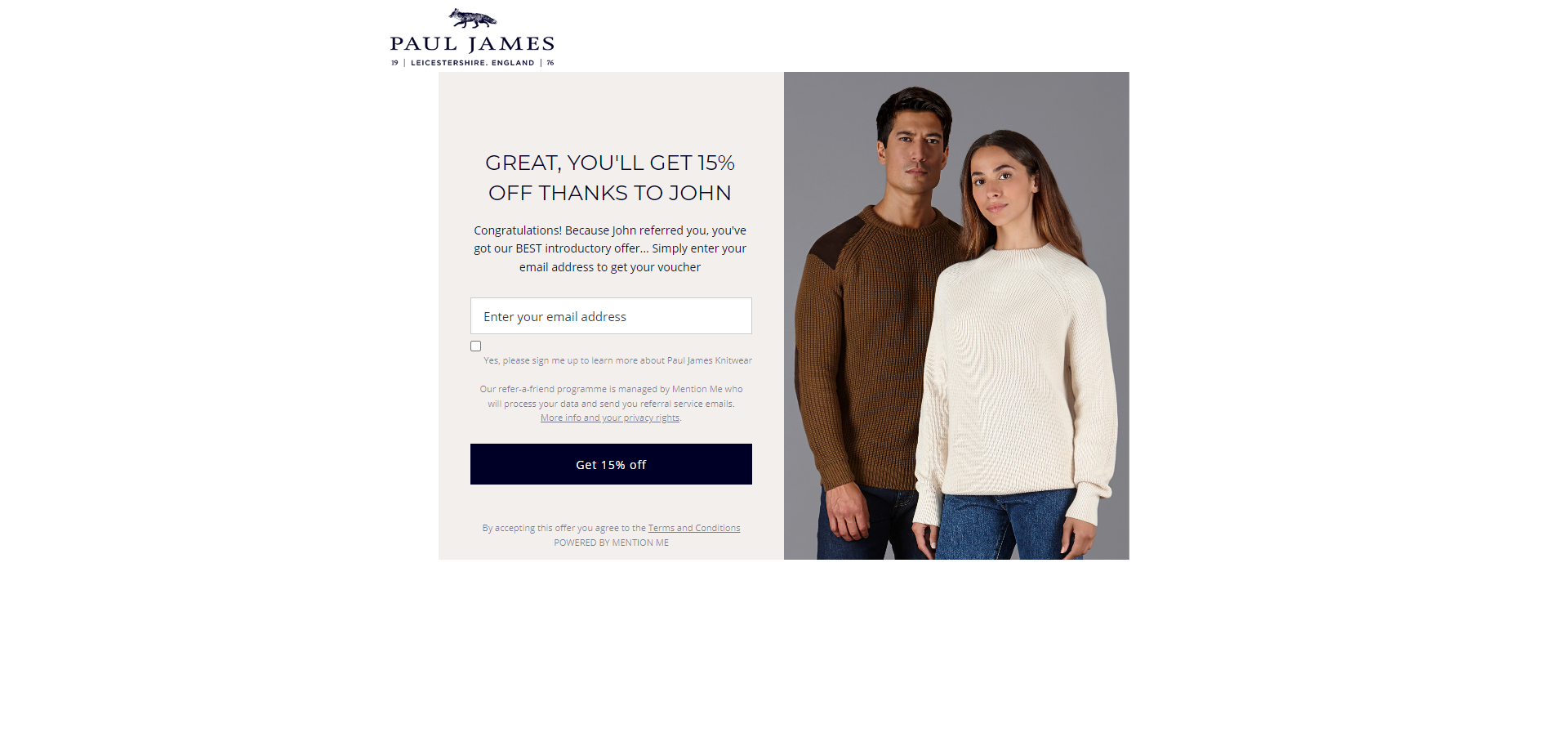 Referral Landing Page for Paul James Knitwear