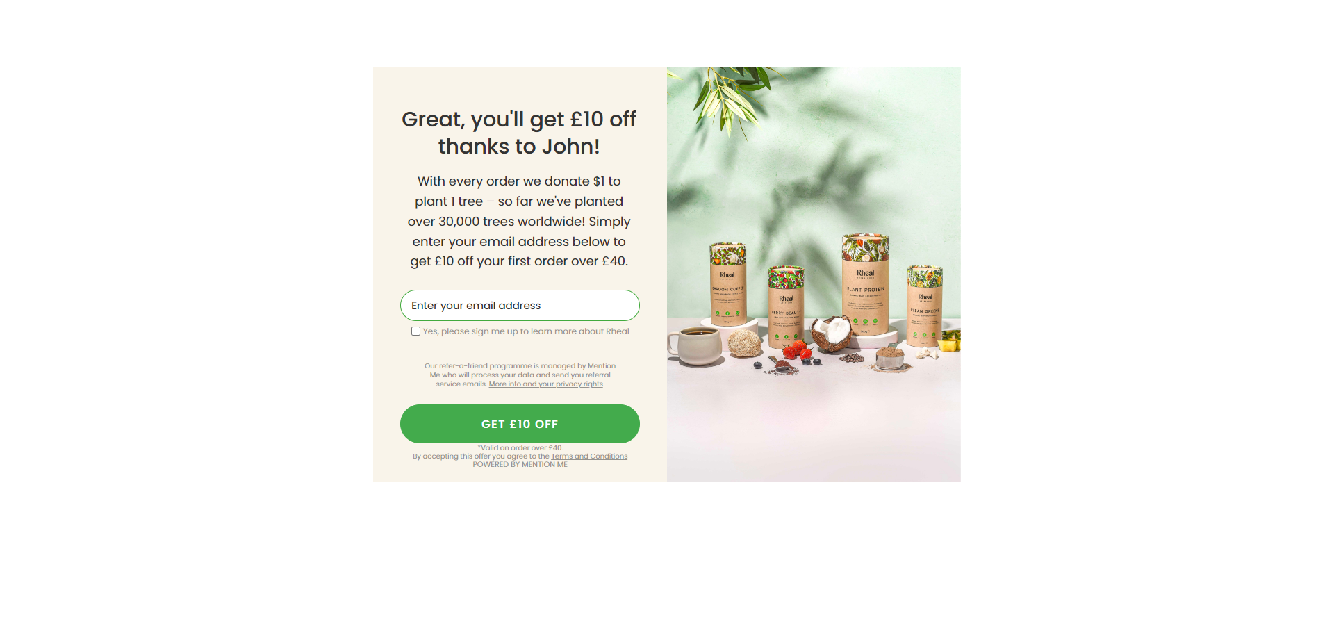 Referral Landing Page for Rheal Superfoods