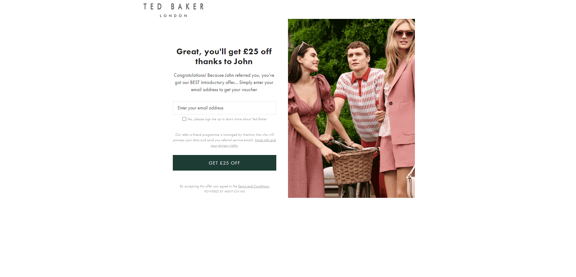 Referral Landing Page for Ted Baker