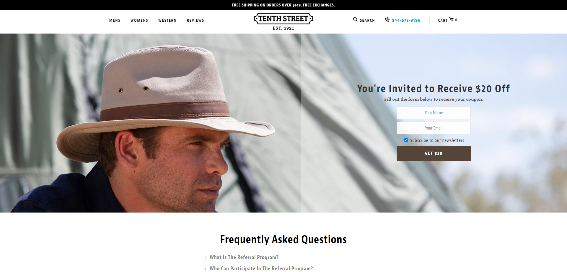 Referral Landing Page for Tenth Street Hats