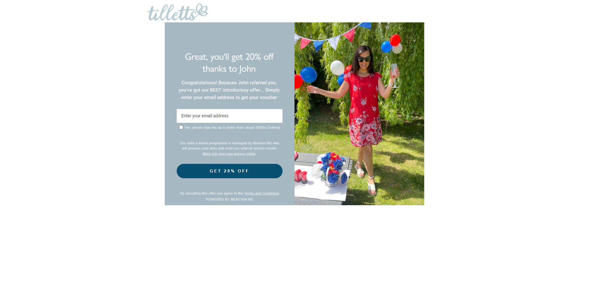 Referral Landing Page for Tilletts Clothing