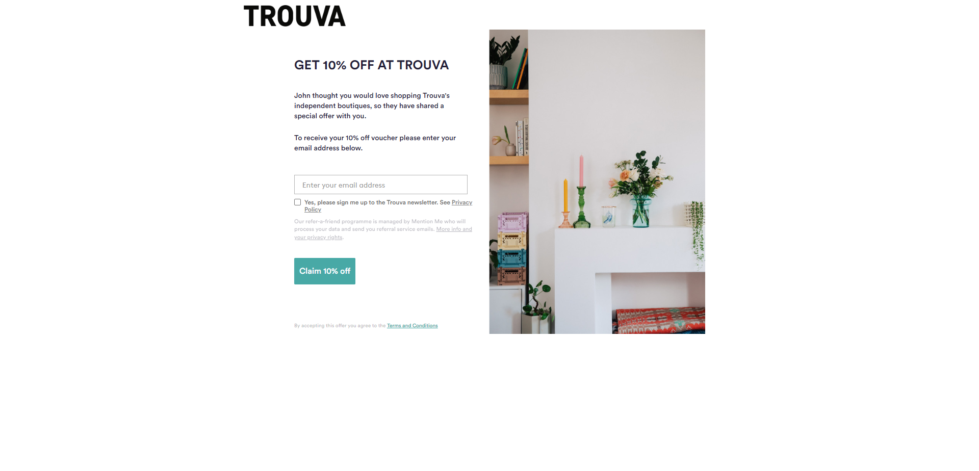 Referral Landing Page for Trouva
