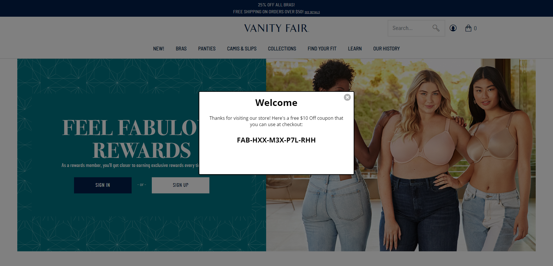 Landing Page for Vanity Fair Lingerie