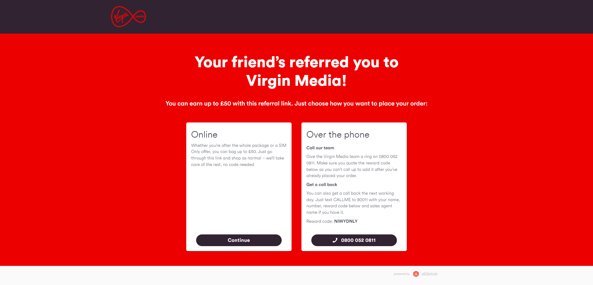 Referral Landing Page for Virgin Media