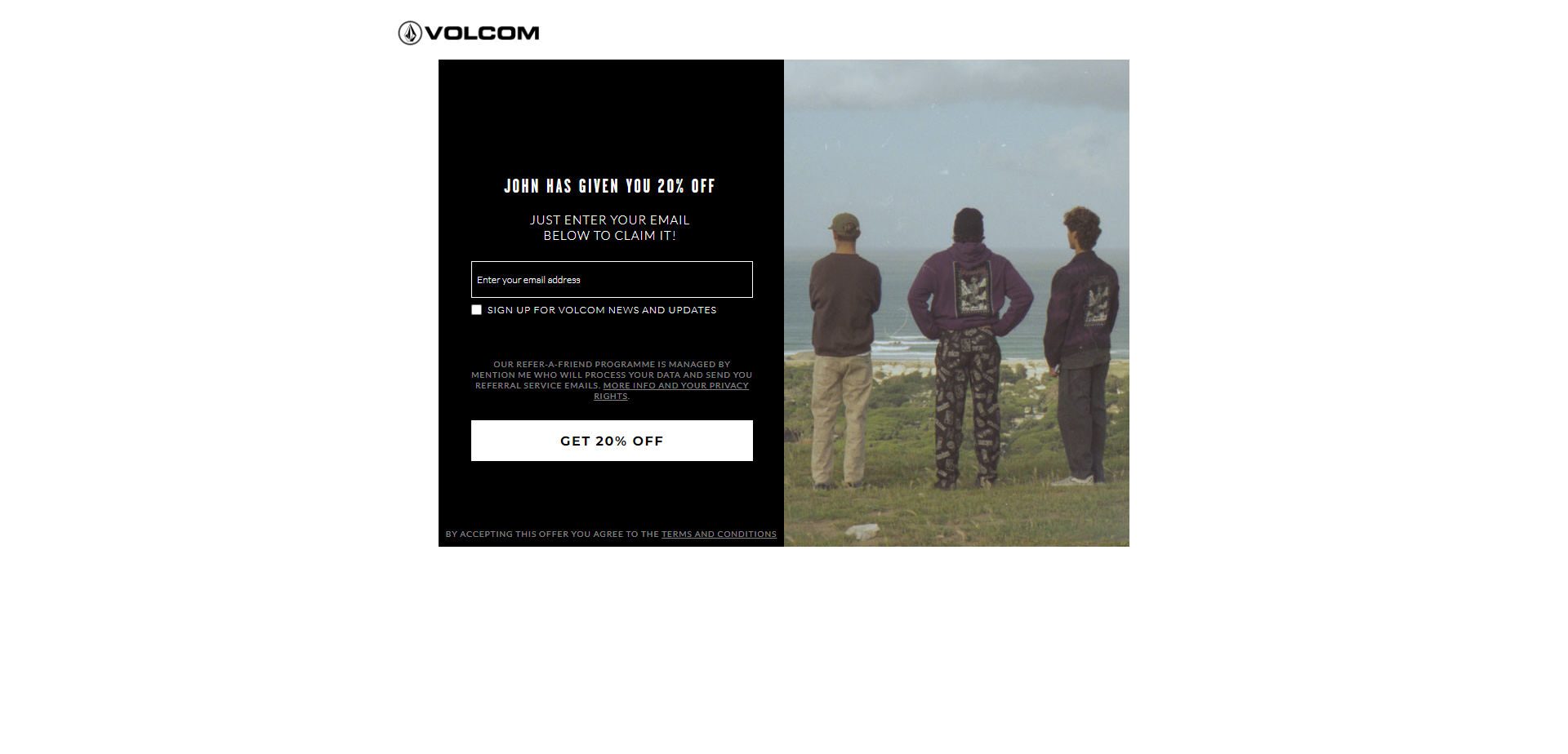 Referral Landing Page for Volcom